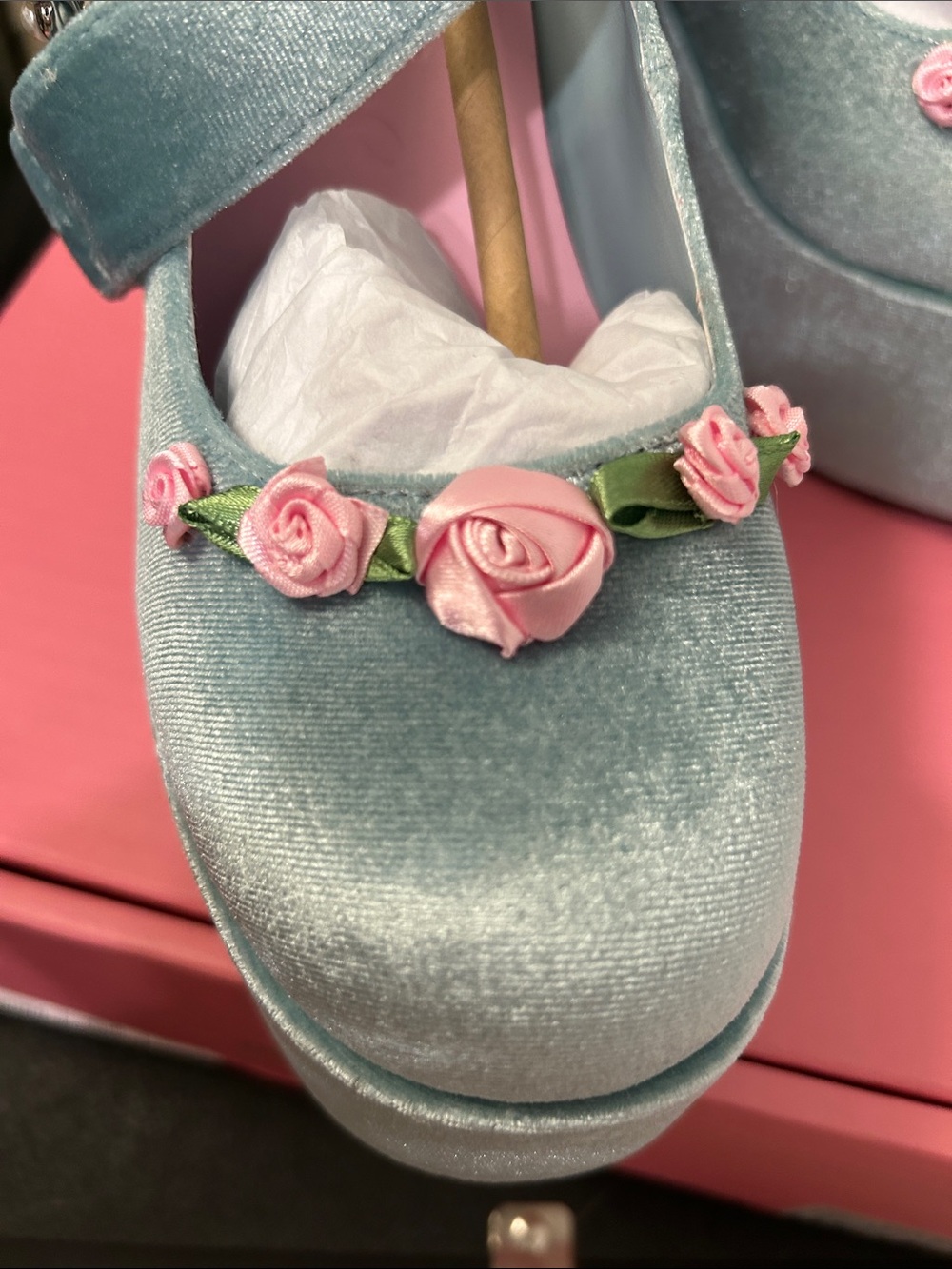 Dolls Kill Light Blue Velvet Platform Mary Jane Heels with Floral Trim - Picture 2 of 7